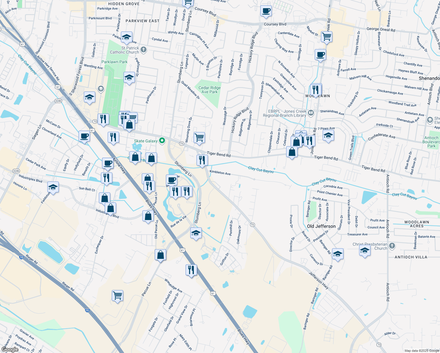 map of restaurants, bars, coffee shops, grocery stores, and more near 13434 Kimbleton Avenue in Baton Rouge