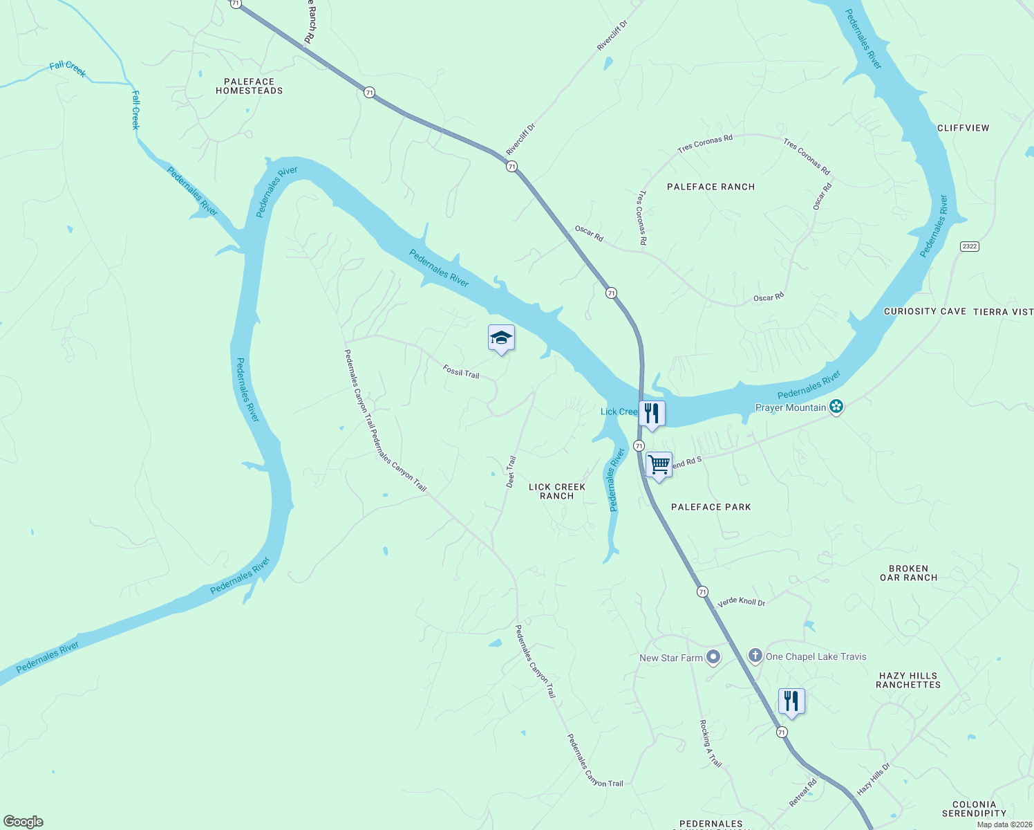 map of restaurants, bars, coffee shops, grocery stores, and more near 3708 Deer Trail in Spicewood