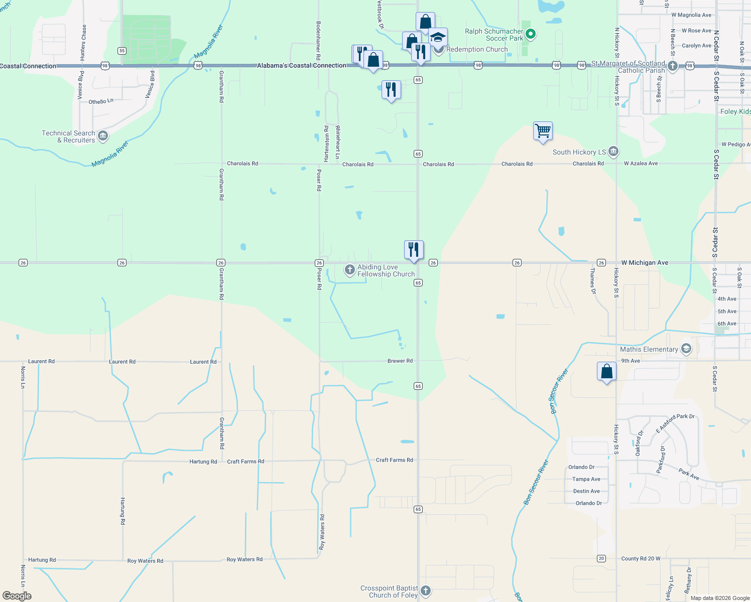 map of restaurants, bars, coffee shops, grocery stores, and more near 11365 Raintree Pl in Foley