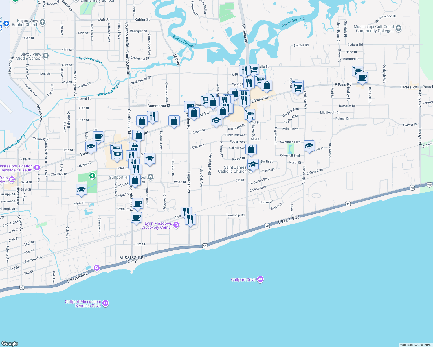 map of restaurants, bars, coffee shops, grocery stores, and more near 442 Silver Ridge Avenue in Gulfport