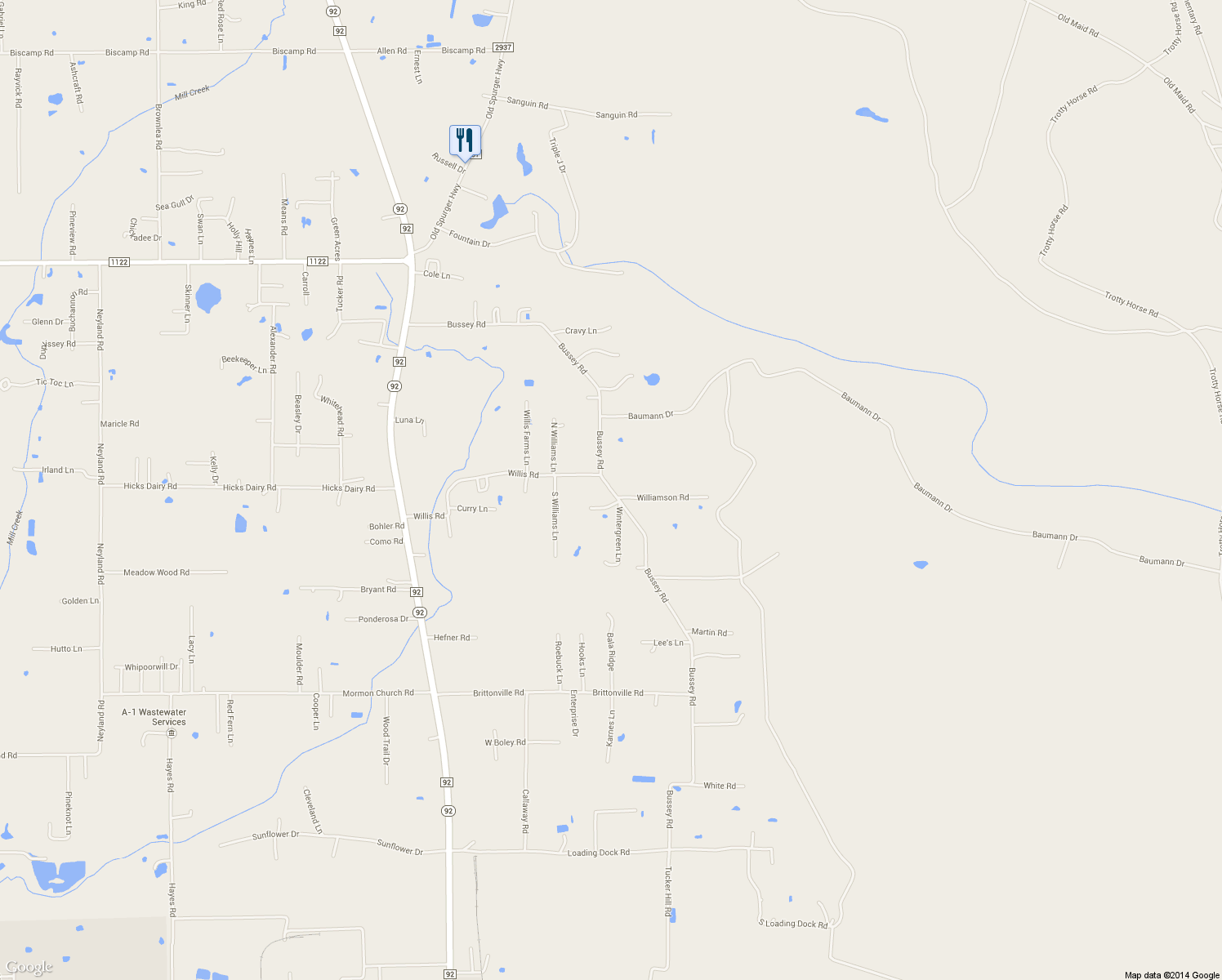 map of restaurants, bars, coffee shops, grocery stores, and more near 10182 Bussey Road in Silsbee