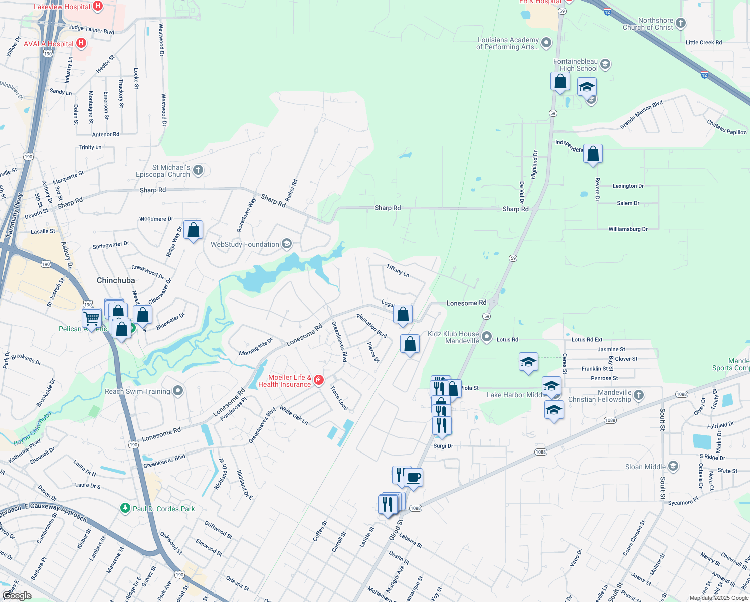 map of restaurants, bars, coffee shops, grocery stores, and more near 1776 Logan Ln in Mandeville