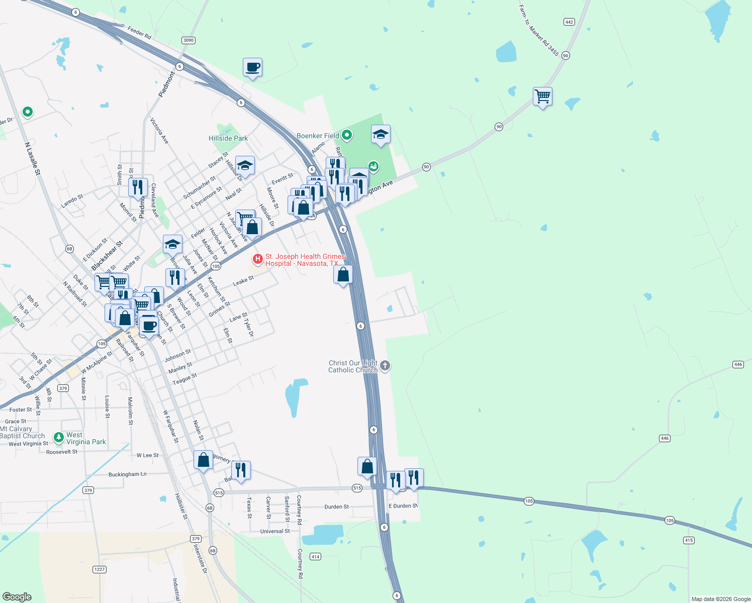 map of restaurants, bars, coffee shops, grocery stores, and more near 9345 Highway 6 in Navasota