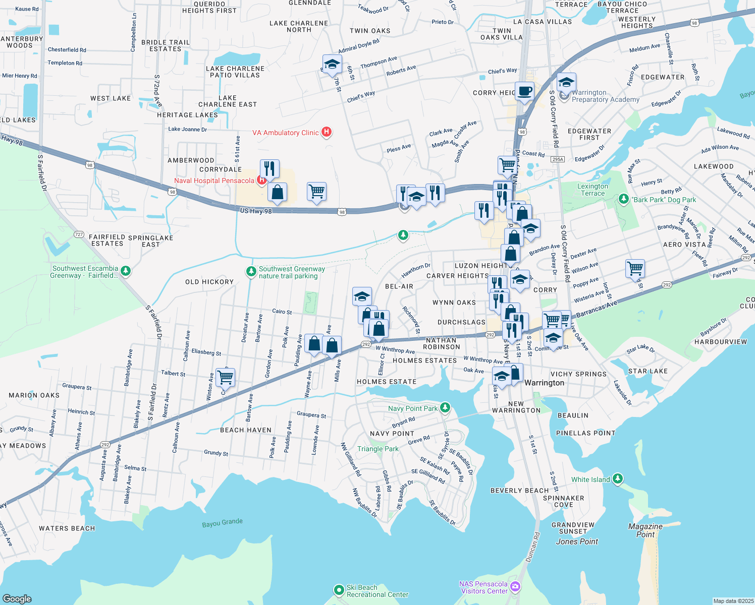 map of restaurants, bars, coffee shops, grocery stores, and more near 1240 Patton Drive in Pensacola