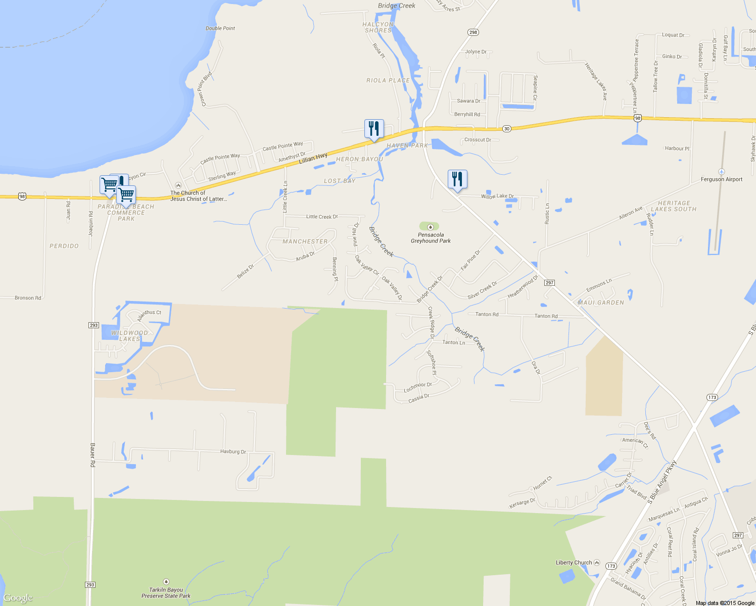 map of restaurants, bars, coffee shops, grocery stores, and more near 11025 Bridge Creek Drive in Pensacola