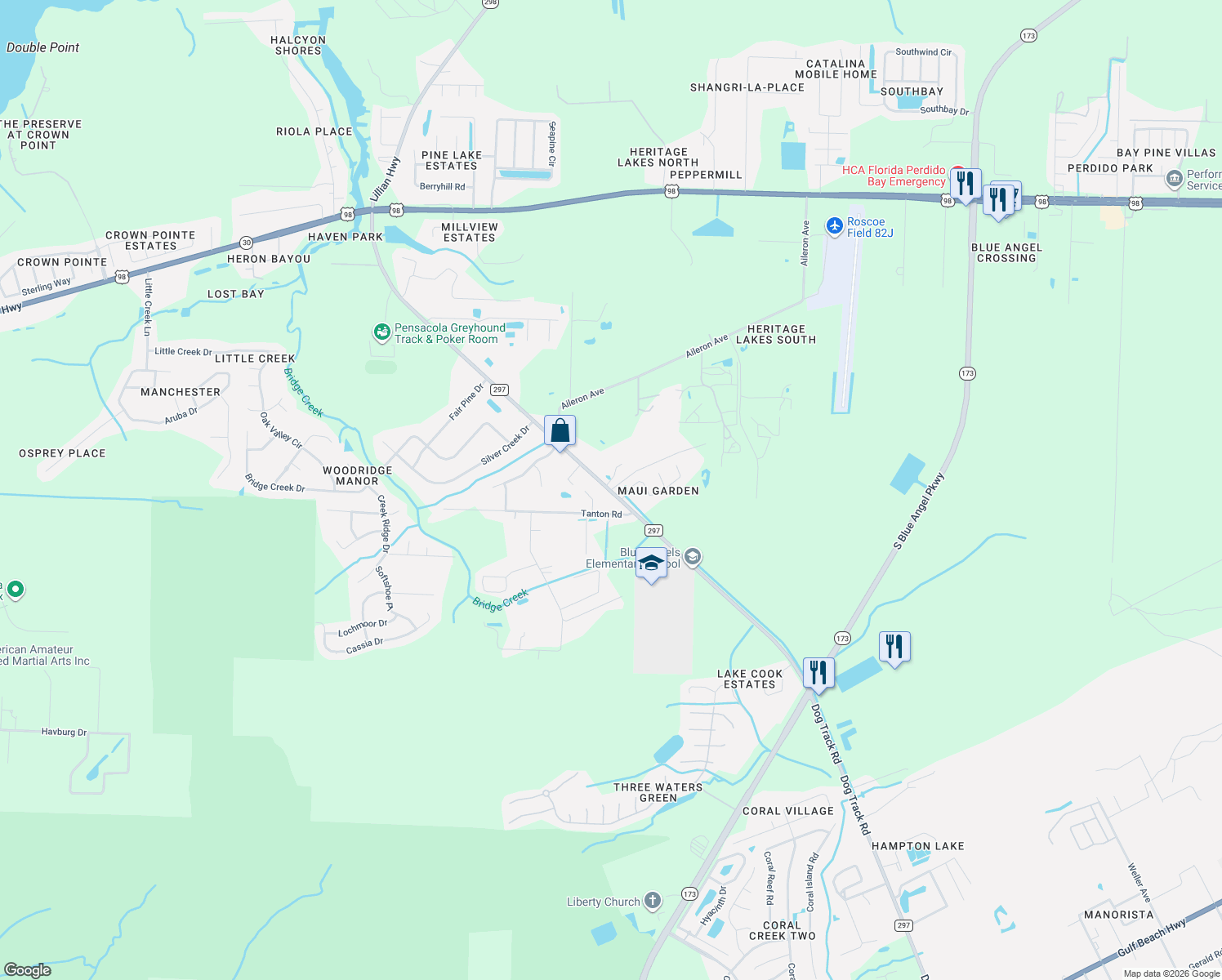 map of restaurants, bars, coffee shops, grocery stores, and more near 100 Emmons Lane in Pensacola