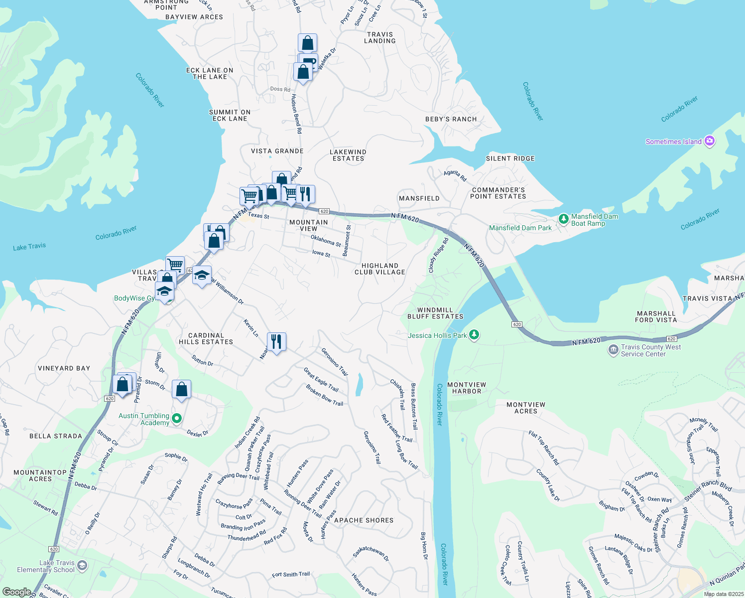 map of restaurants, bars, coffee shops, grocery stores, and more near 3416 Scenic Overlook Drive in Austin