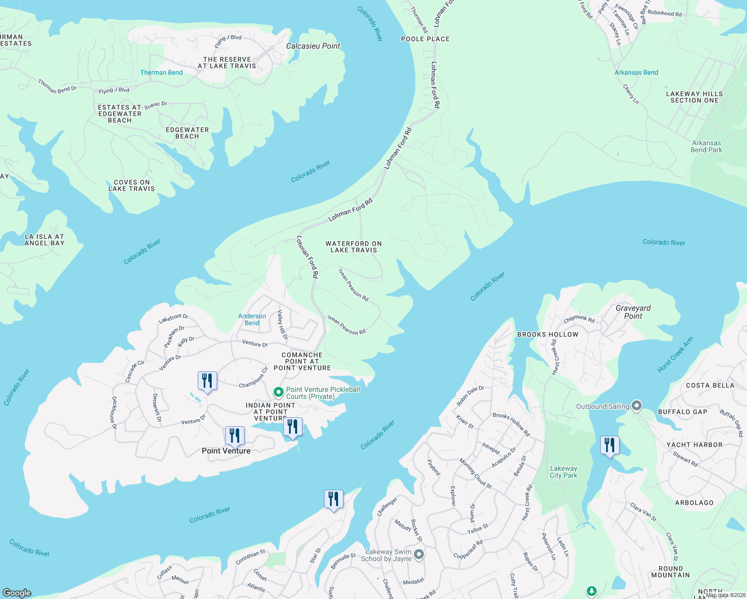 map of restaurants, bars, coffee shops, grocery stores, and more near 827 Ivean Pearson Road in Lago Vista