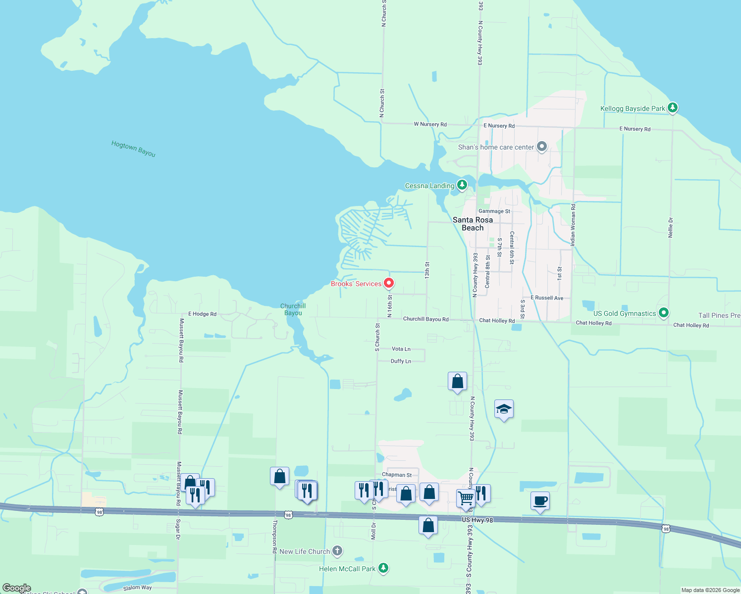 map of restaurants, bars, coffee shops, grocery stores, and more near 90 18th Street in Santa Rosa Beach