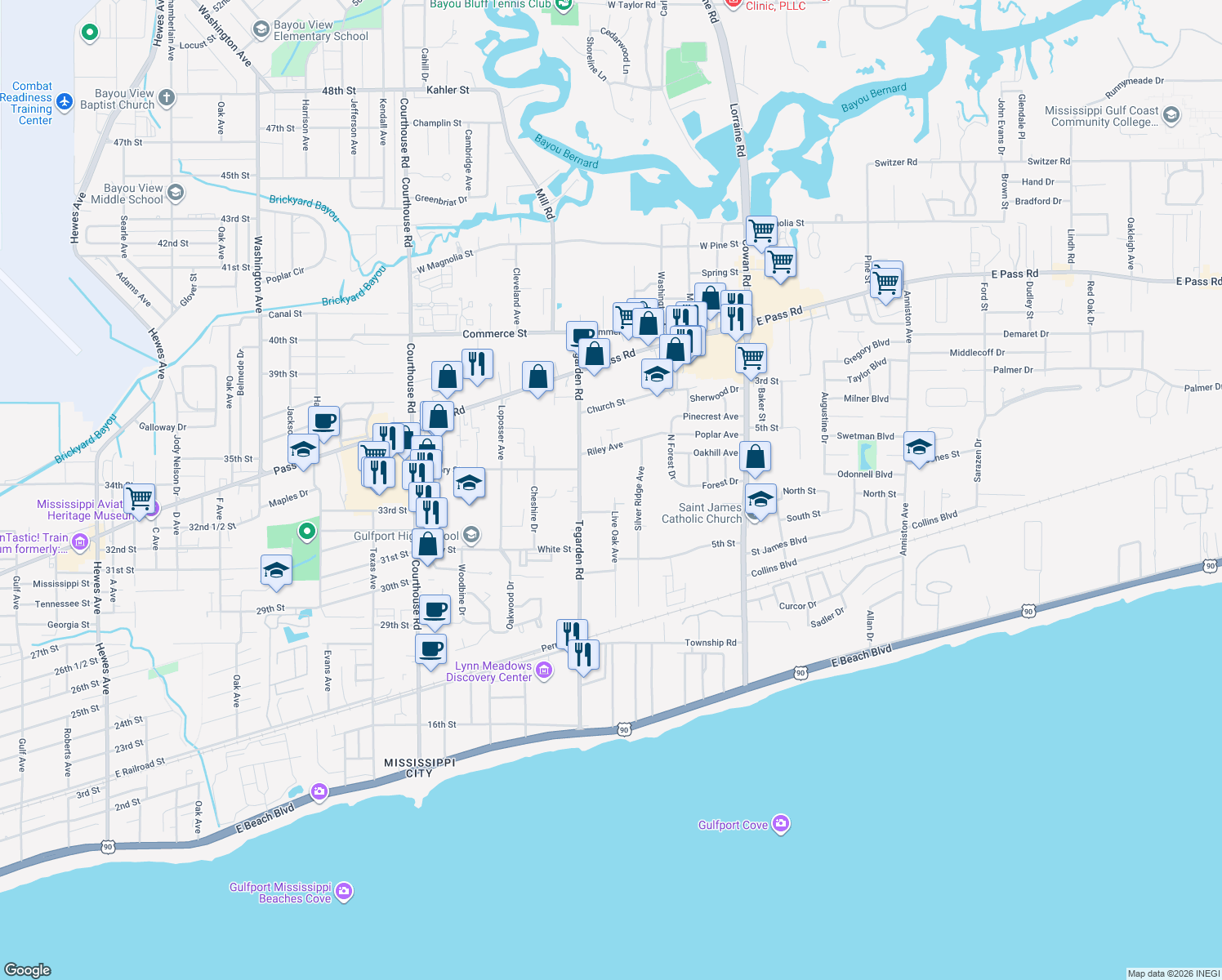 map of restaurants, bars, coffee shops, grocery stores, and more near 471 Live Oak Avenue in Gulfport