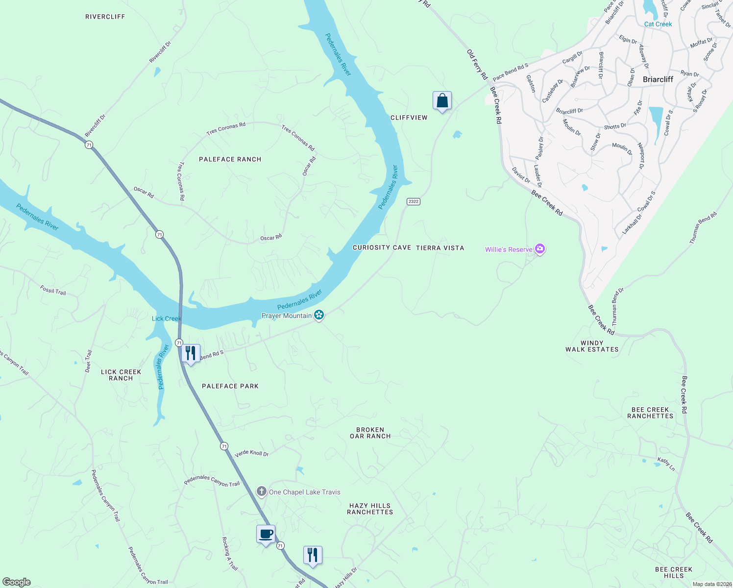 map of restaurants, bars, coffee shops, grocery stores, and more near 2311 Pace Bend Road South in Spicewood