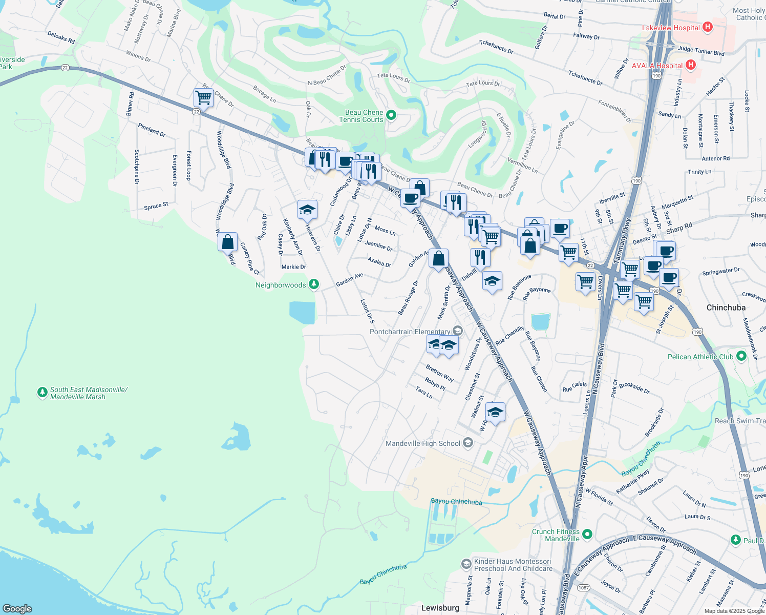 map of restaurants, bars, coffee shops, grocery stores, and more near 245 Silver Maple Dr in Mandeville