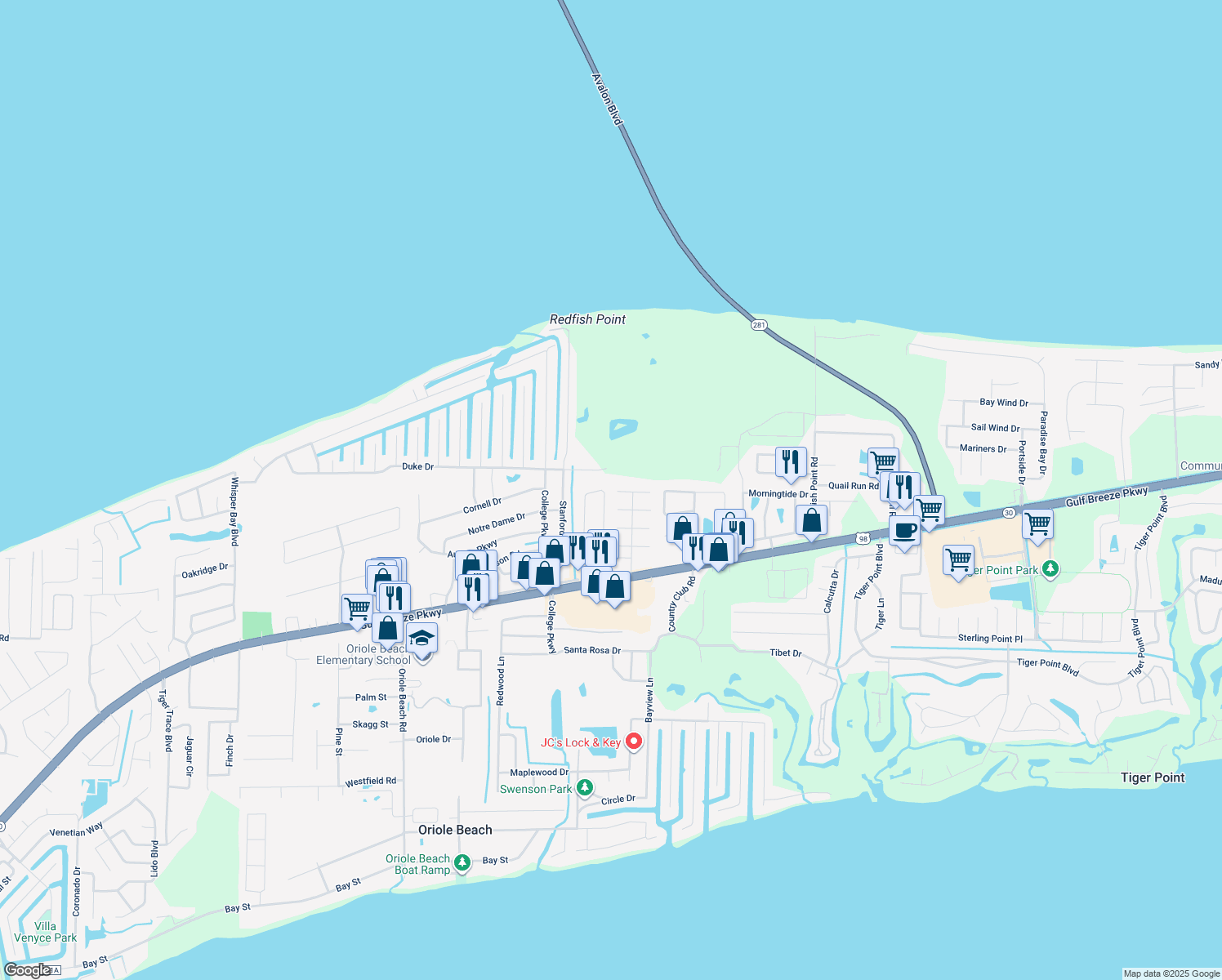 map of restaurants, bars, coffee shops, grocery stores, and more near 1378 El Sereno Place in Gulf Breeze