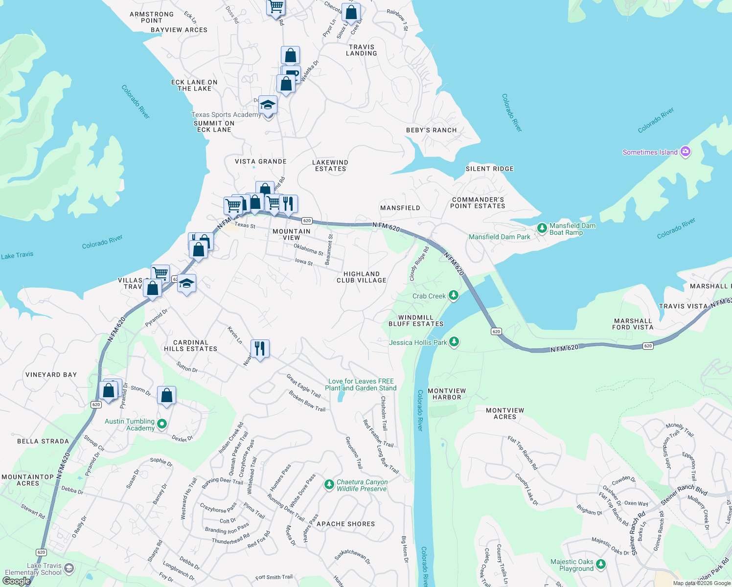 map of restaurants, bars, coffee shops, grocery stores, and more near 3705 Copper Ridge Court in Austin