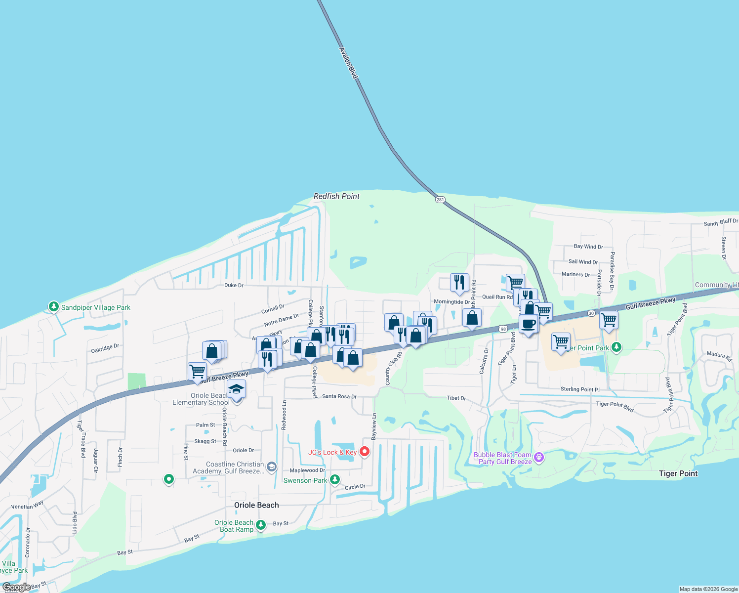 map of restaurants, bars, coffee shops, grocery stores, and more near 3358 La Condesa Street in Gulf Breeze