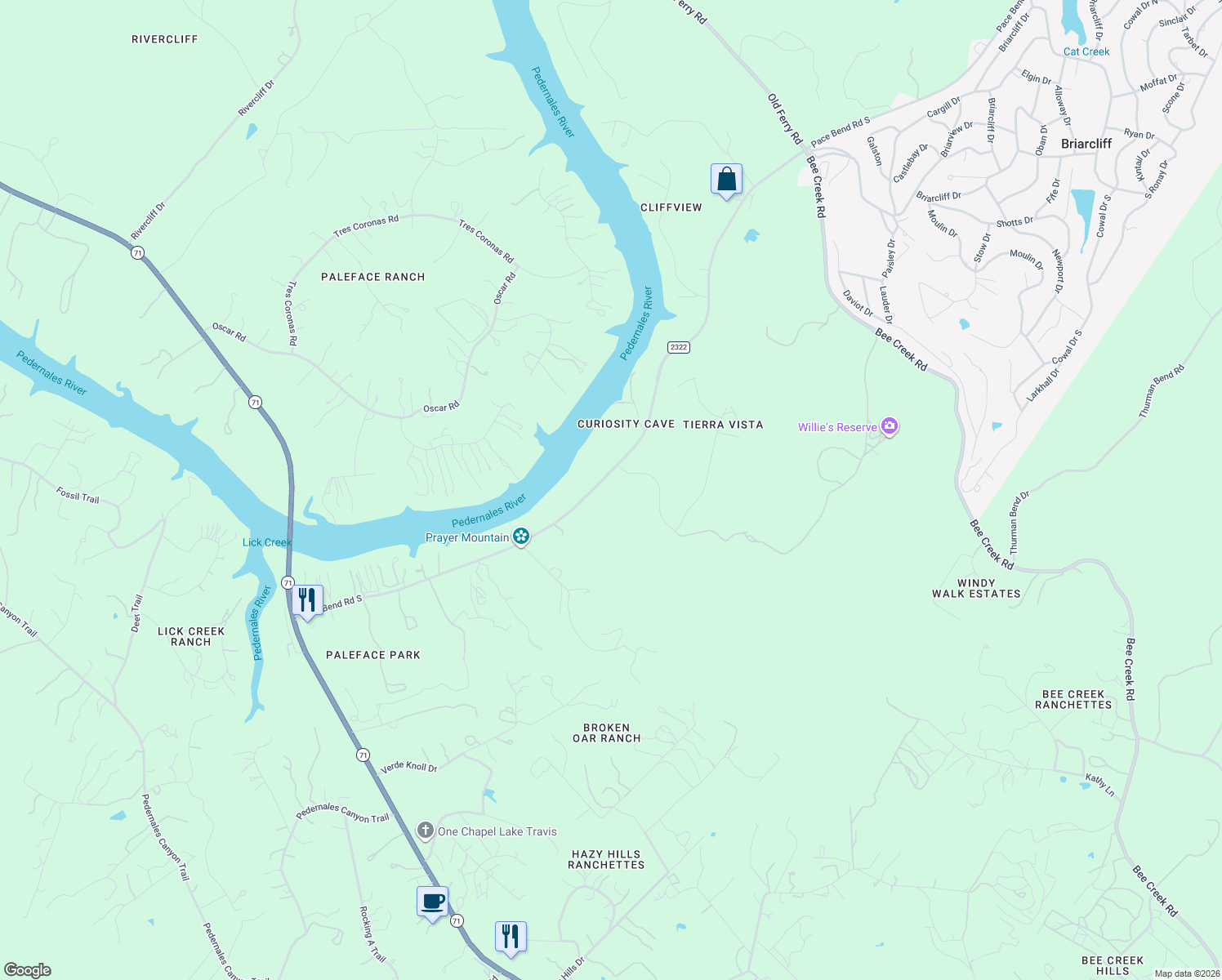 map of restaurants, bars, coffee shops, grocery stores, and more near 2311 Pace Bend Road South in Spicewood
