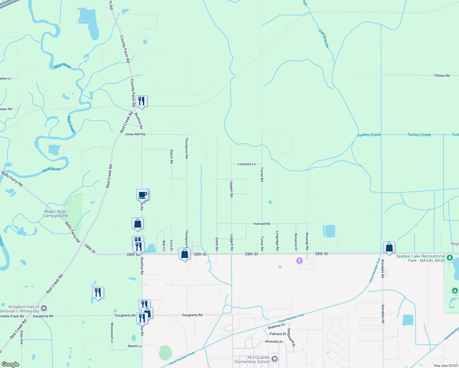 map of restaurants, bars, coffee shops, grocery stores, and more near 7307 Leggett Rd in Long Beach