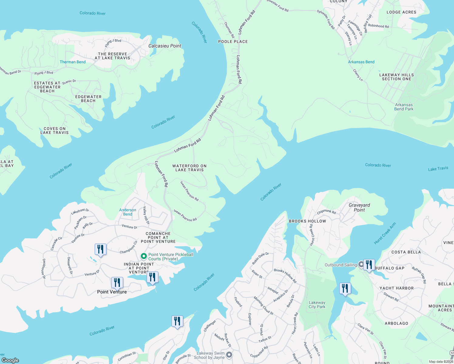 map of restaurants, bars, coffee shops, grocery stores, and more near 1329 Osprey Ridge Loop in Lago Vista