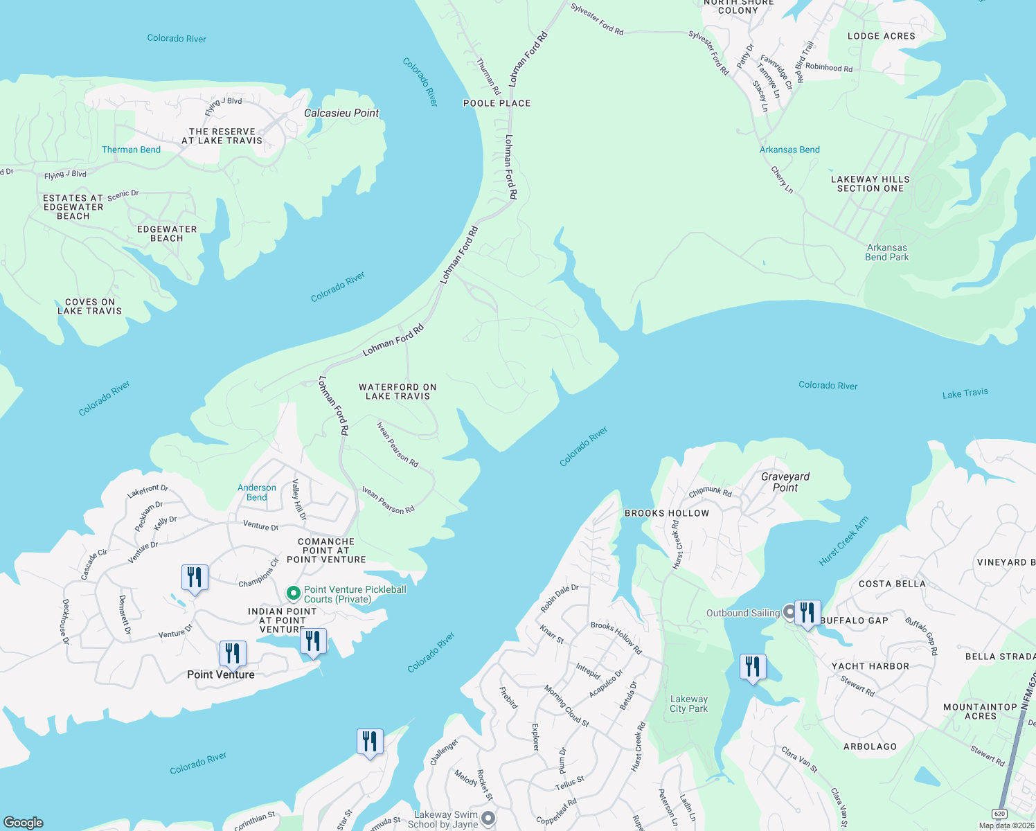map of restaurants, bars, coffee shops, grocery stores, and more near 1357 Osprey Ridge Loop in Lago Vista