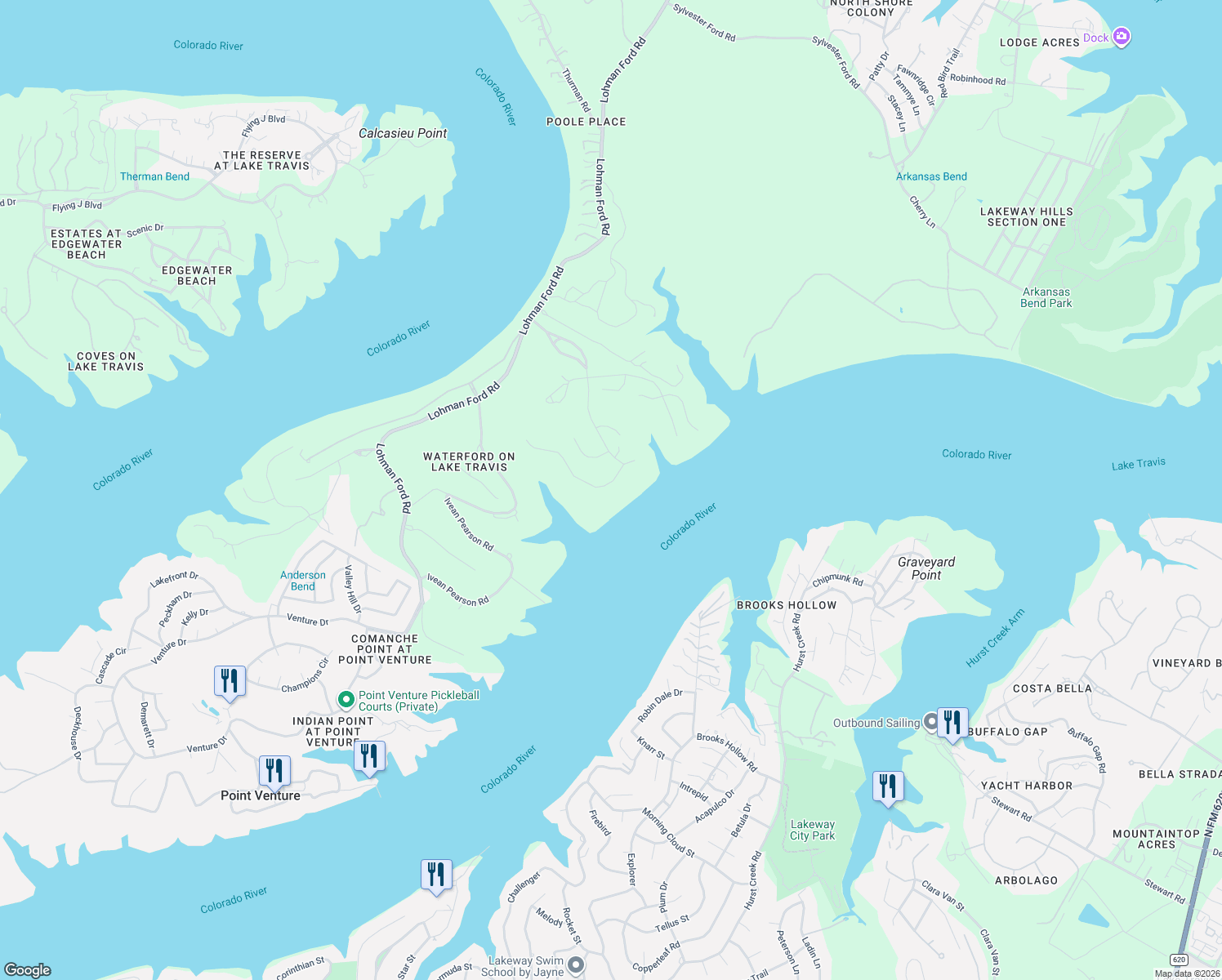 map of restaurants, bars, coffee shops, grocery stores, and more near 1353 Osprey Ridge Loop in Lago Vista