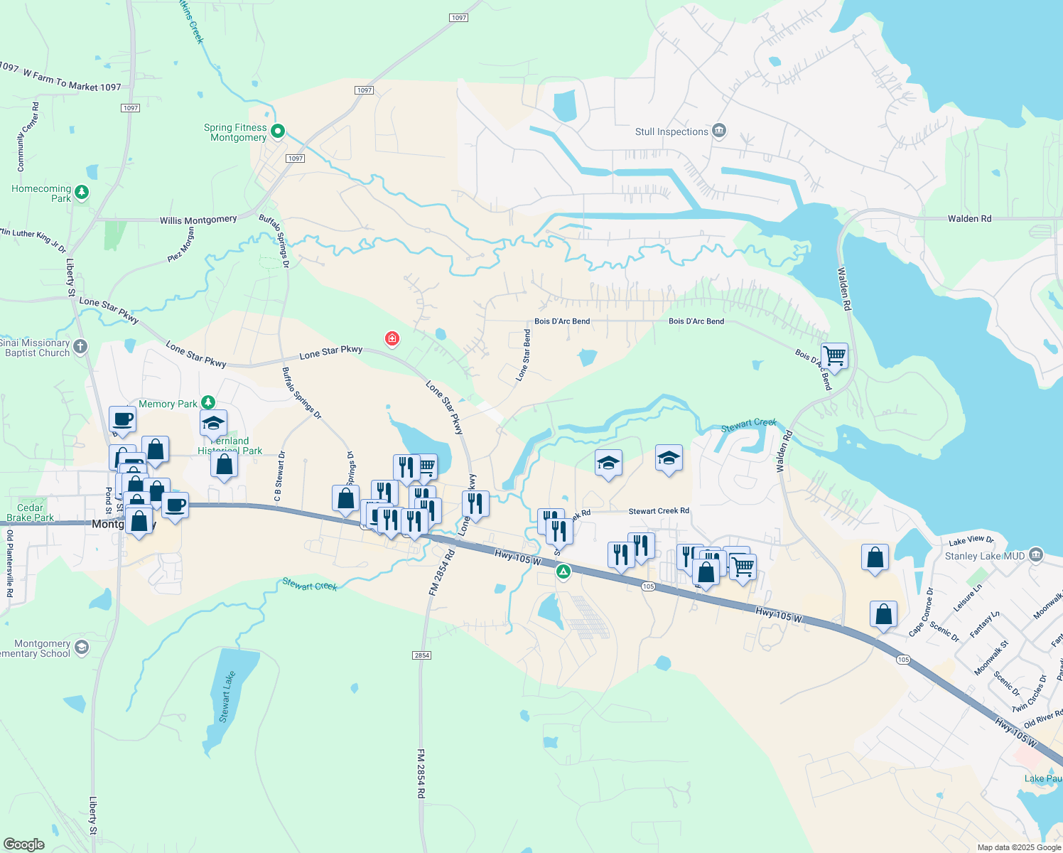 map of restaurants, bars, coffee shops, grocery stores, and more near 154 Mia Lago Drive in Montgomery