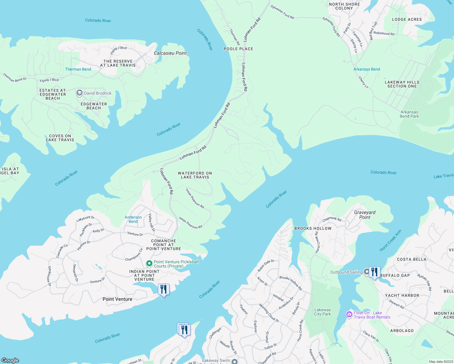 map of restaurants, bars, coffee shops, grocery stores, and more near 1329 Osprey Ridge Loop in Lago Vista
