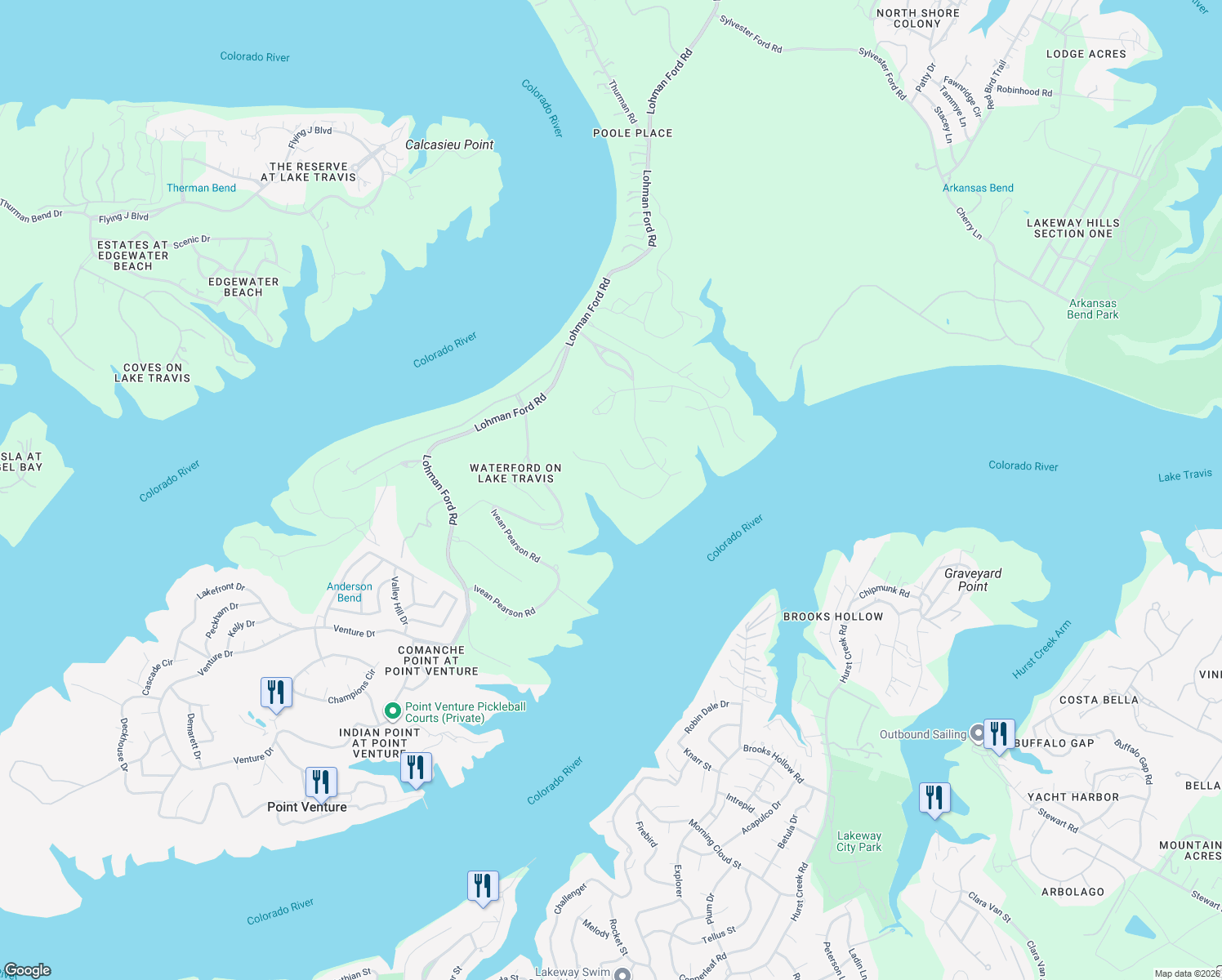 map of restaurants, bars, coffee shops, grocery stores, and more near 1329 Osprey Ridge Loop in Lago Vista