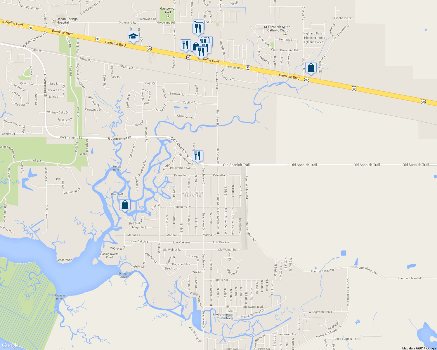 map of restaurants, bars, coffee shops, grocery stores, and more near 3600 Hanshaw Rd in Ocean Springs
