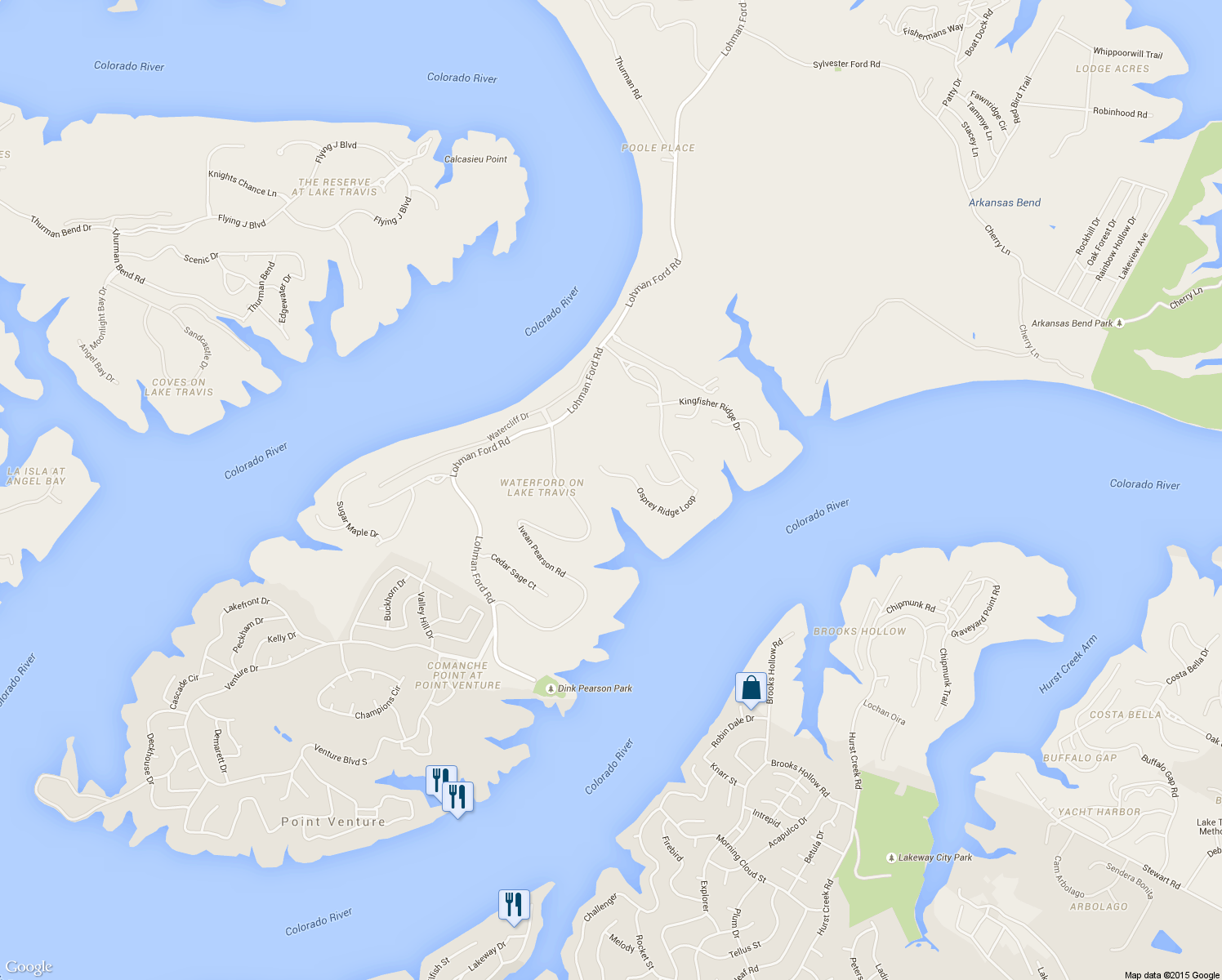 map of restaurants, bars, coffee shops, grocery stores, and more near 1221 Osprey Ridge Loop in Lago Vista