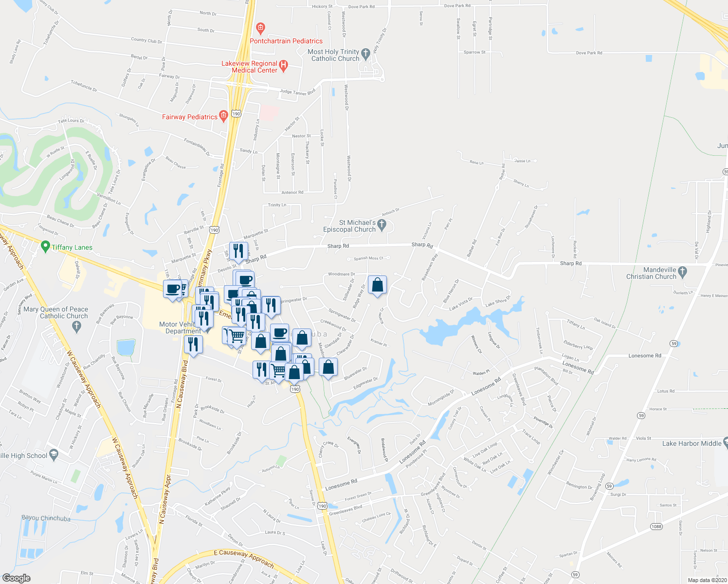 map of restaurants, bars, coffee shops, grocery stores, and more near 1316 Ridge Way Drive in Mandeville