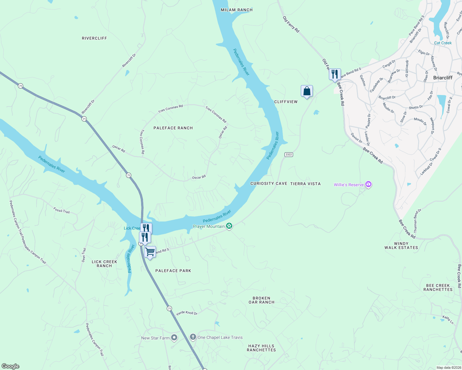 map of restaurants, bars, coffee shops, grocery stores, and more near 2203 Improver Rd in Spicewood
