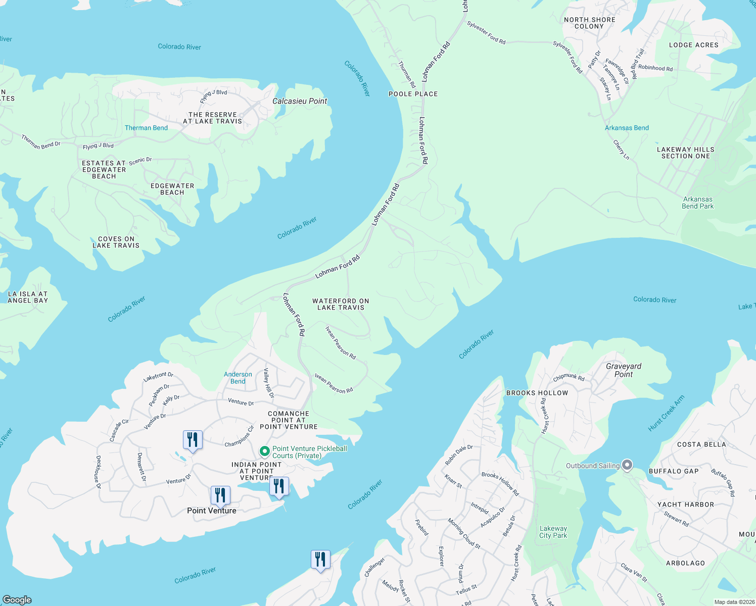 map of restaurants, bars, coffee shops, grocery stores, and more near 1221 Osprey Ridge Loop in Lago Vista