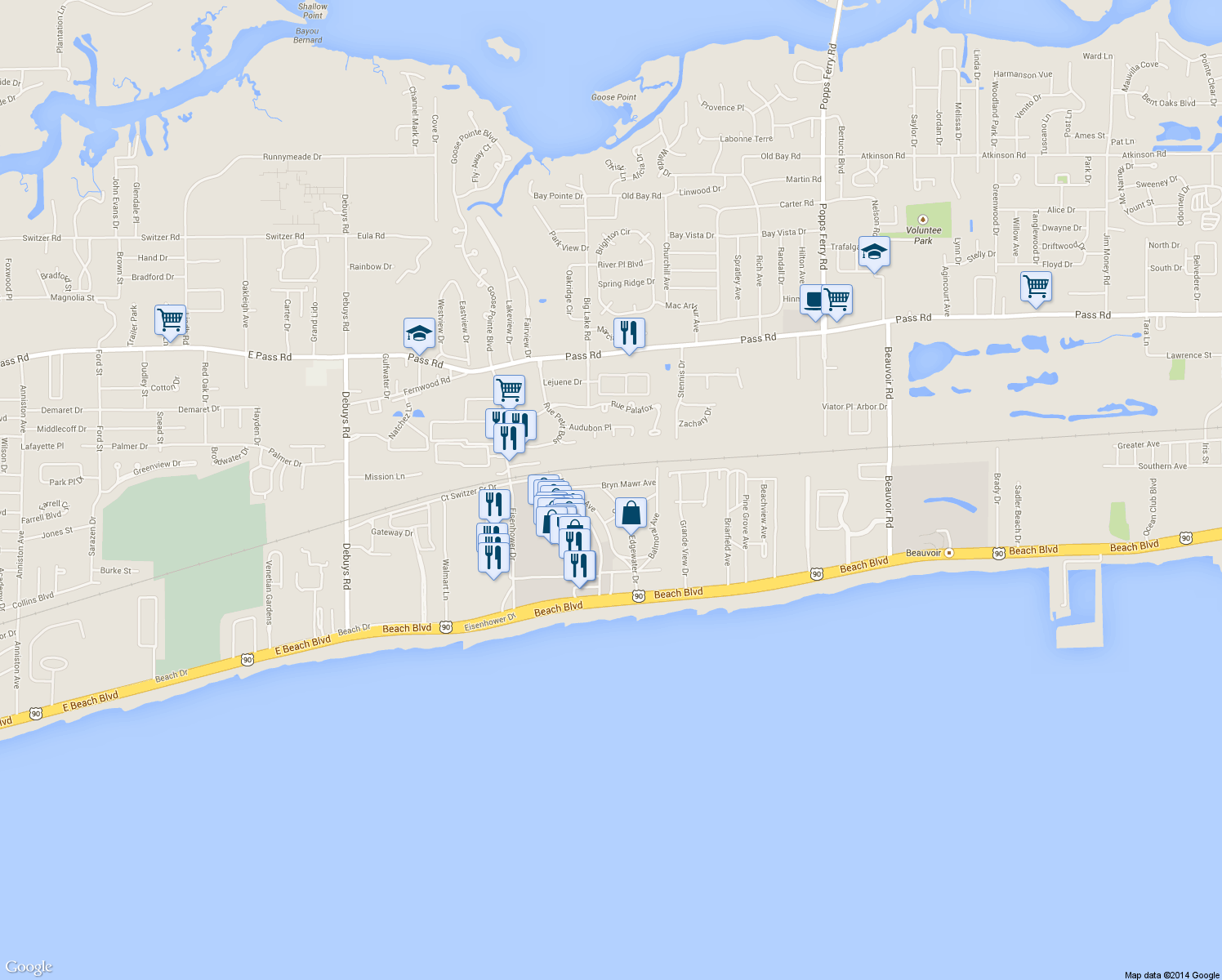 map of restaurants, bars, coffee shops, grocery stores, and more near 180 Edgewater Drive in Biloxi