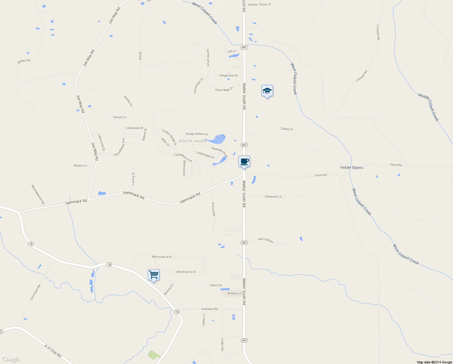 map of restaurants, bars, coffee shops, grocery stores, and more near 13742 Hammack Road in Denham Springs