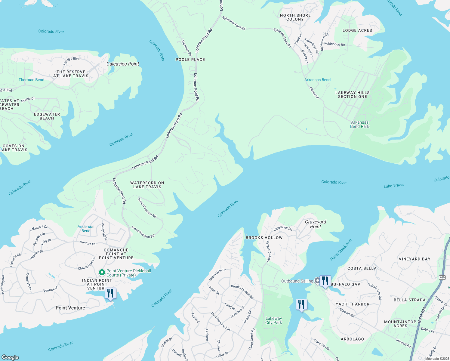 map of restaurants, bars, coffee shops, grocery stores, and more near 17800 Kingfisher Ridge Drive in Lago Vista