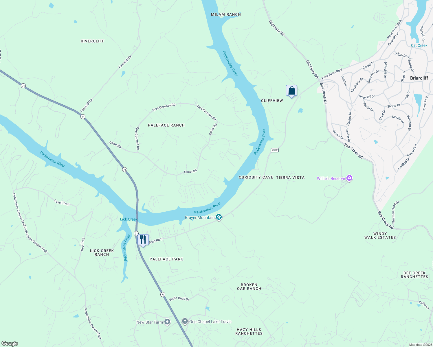 map of restaurants, bars, coffee shops, grocery stores, and more near 2203 Improver Road in Spicewood
