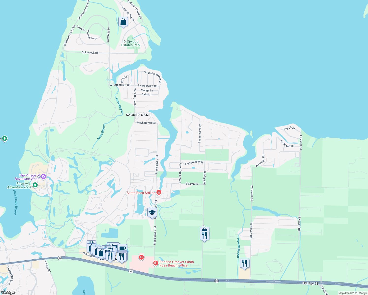 map of restaurants, bars, coffee shops, grocery stores, and more near 36 Pelican Bay Drive in Santa Rosa Beach