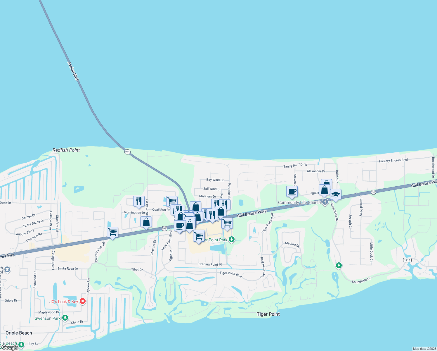 map of restaurants, bars, coffee shops, grocery stores, and more near 3885 Captains Court in Gulf Breeze