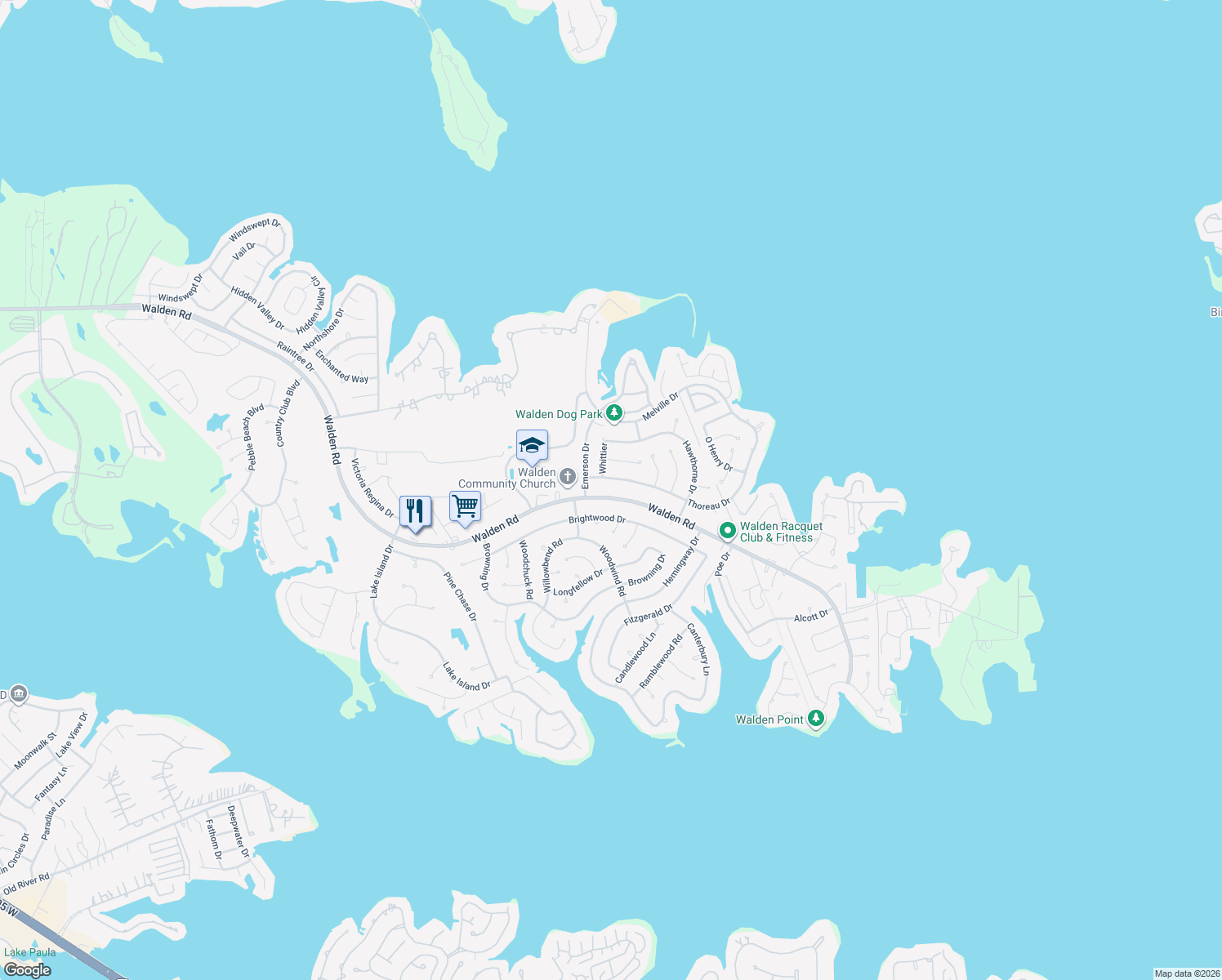 map of restaurants, bars, coffee shops, grocery stores, and more near 12306 Walden Road in Montgomery
