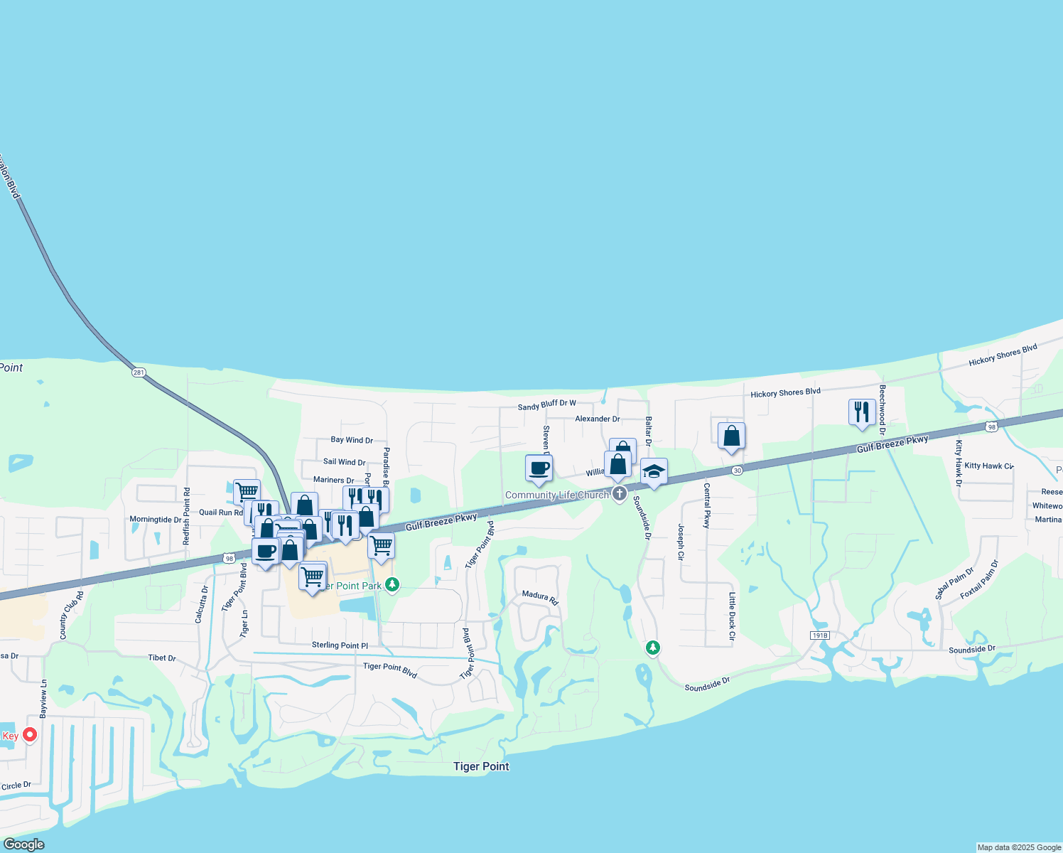 map of restaurants, bars, coffee shops, grocery stores, and more near 1638 Balogh Drive in Gulf Breeze