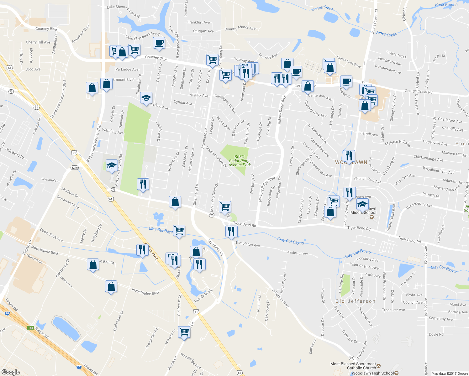 map of restaurants, bars, coffee shops, grocery stores, and more near 13344 Whippoorwill Avenue in Baton Rouge