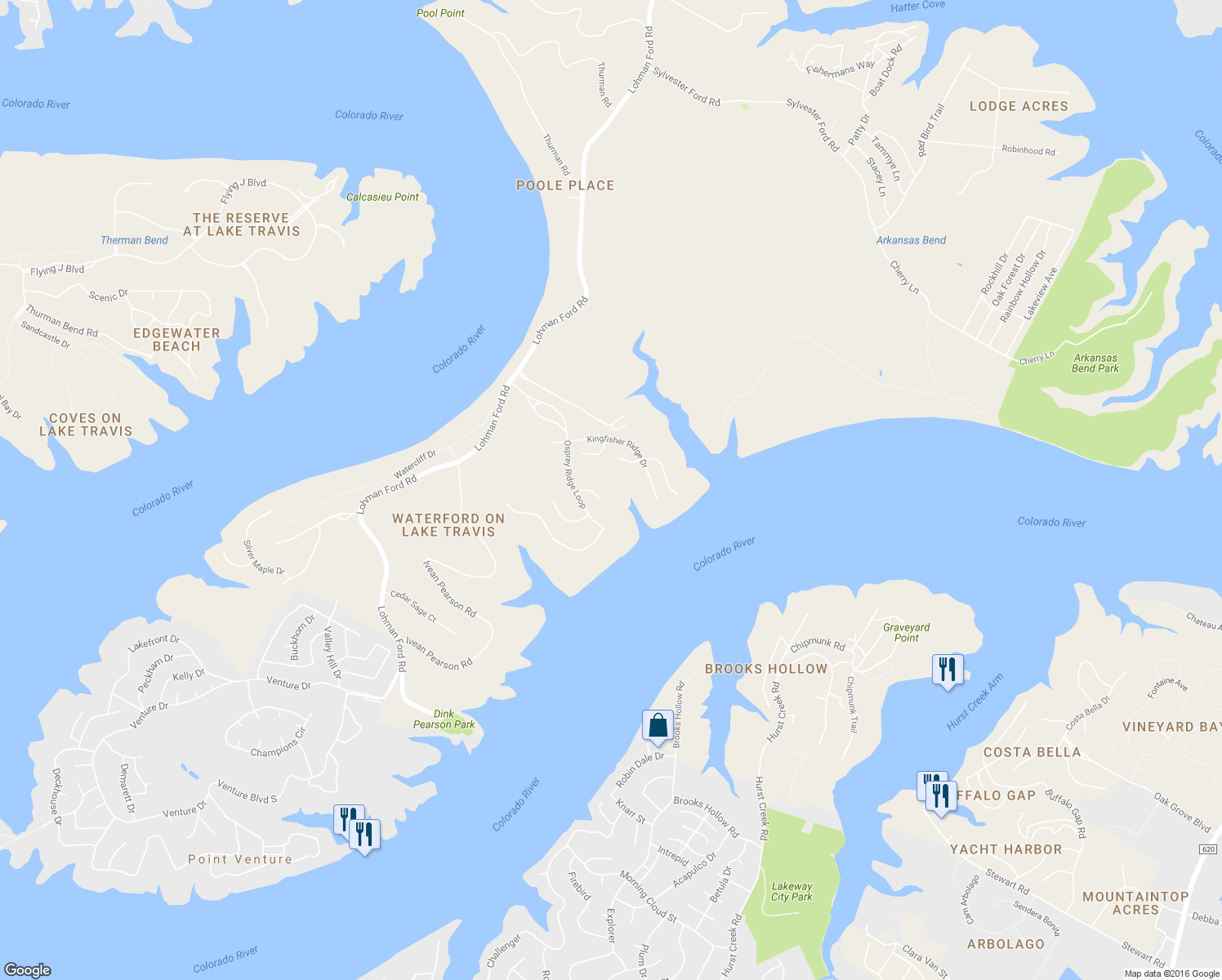 map of restaurants, bars, coffee shops, grocery stores, and more near 1525 Osprey Ridge Loop in Lago Vista