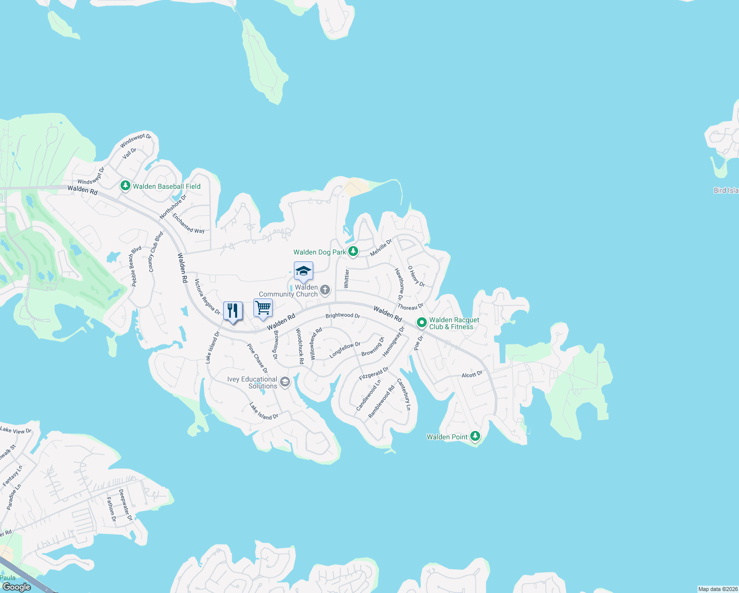 map of restaurants, bars, coffee shops, grocery stores, and more near 12211 Thoreau Drive in Montgomery
