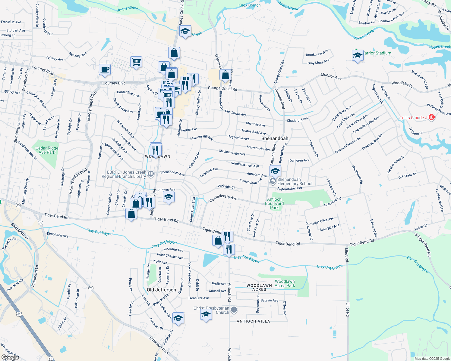 map of restaurants, bars, coffee shops, grocery stores, and more near 15944 Shenandoah Ave in Baton Rouge