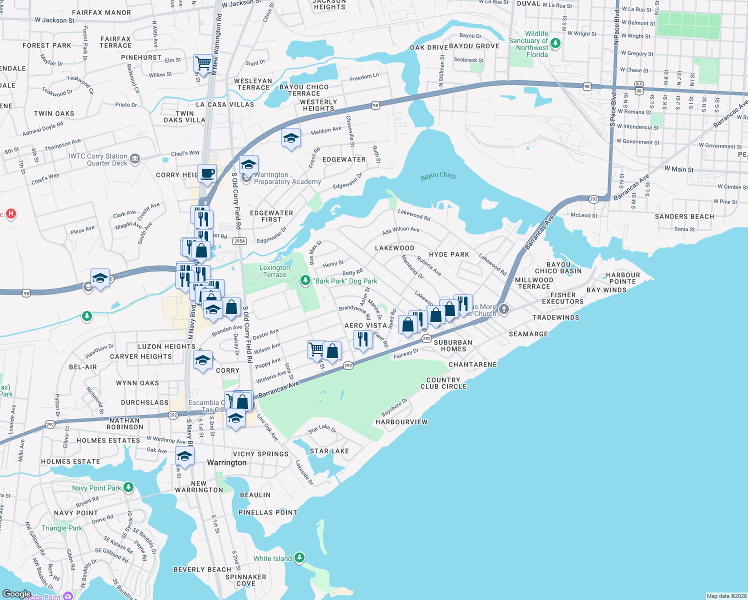 map of restaurants, bars, coffee shops, grocery stores, and more near 130 Marine Drive in Pensacola