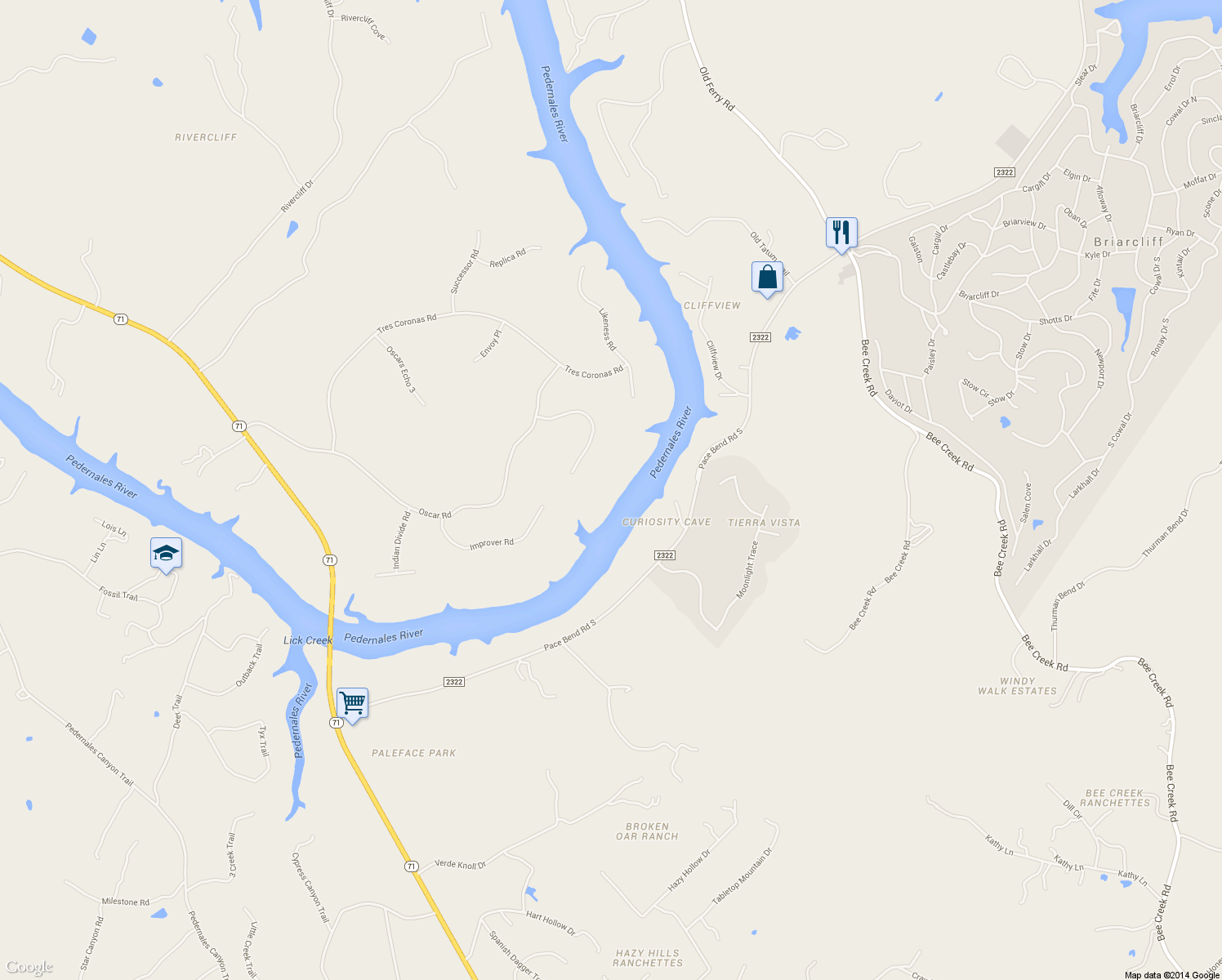 map of restaurants, bars, coffee shops, grocery stores, and more near 1913 Performer Rd in Spicewood