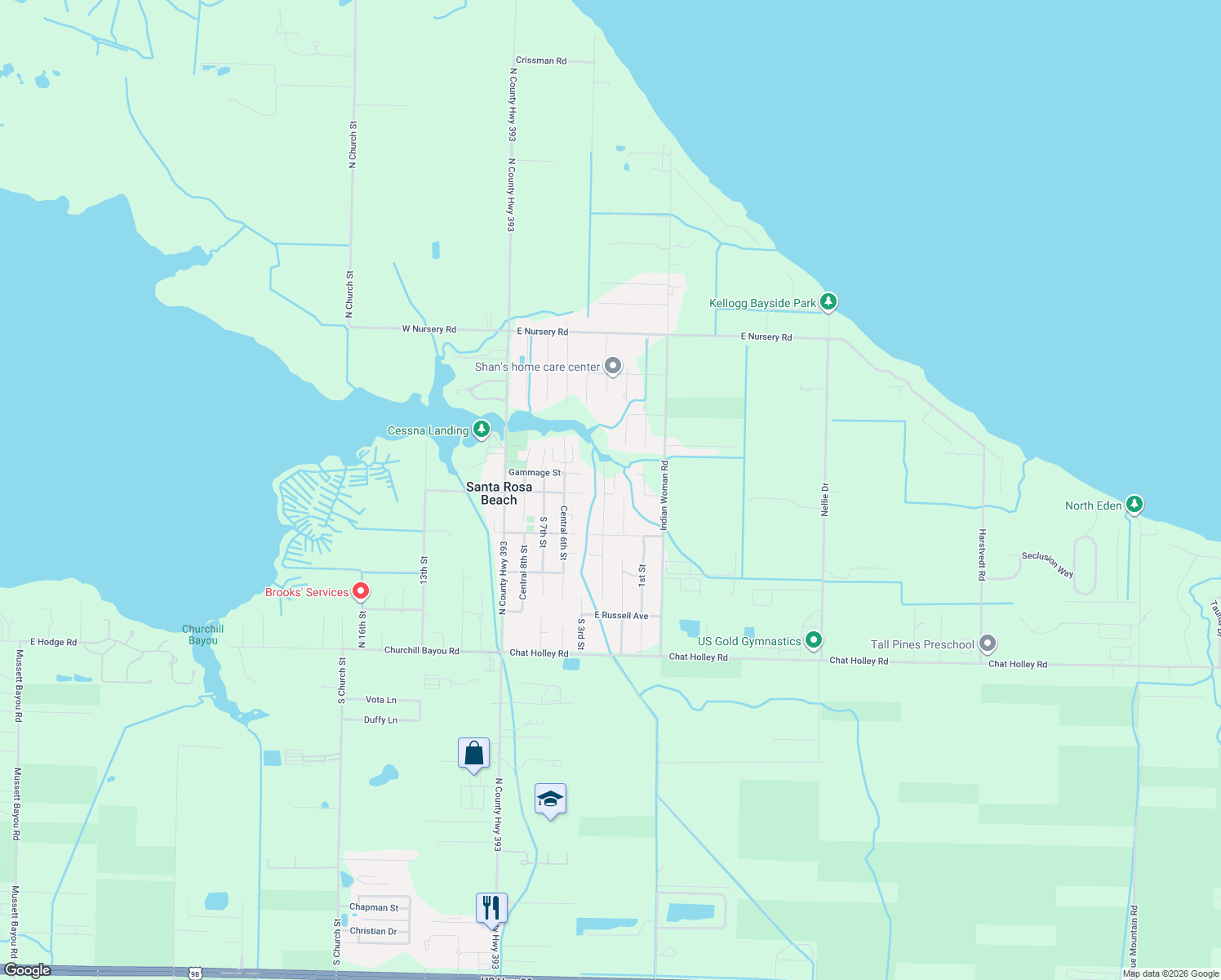 map of restaurants, bars, coffee shops, grocery stores, and more near 25 Houston Lane in Santa Rosa Beach