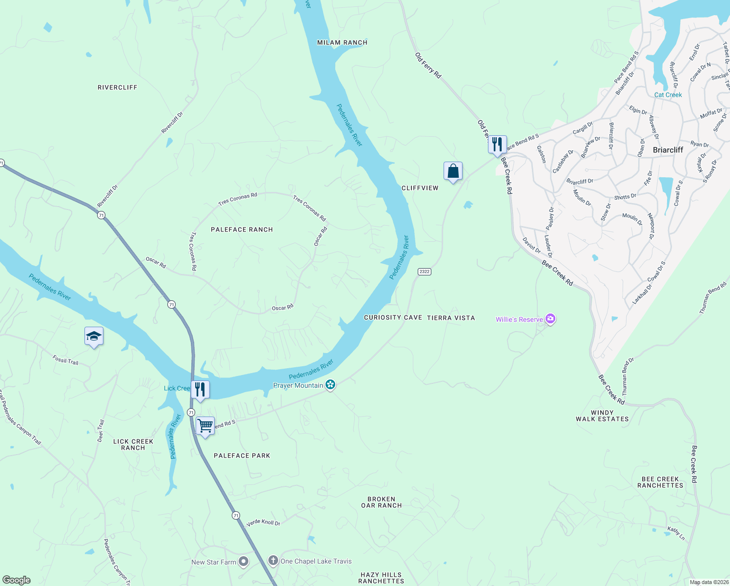 map of restaurants, bars, coffee shops, grocery stores, and more near 1913 Performer Road in Spicewood