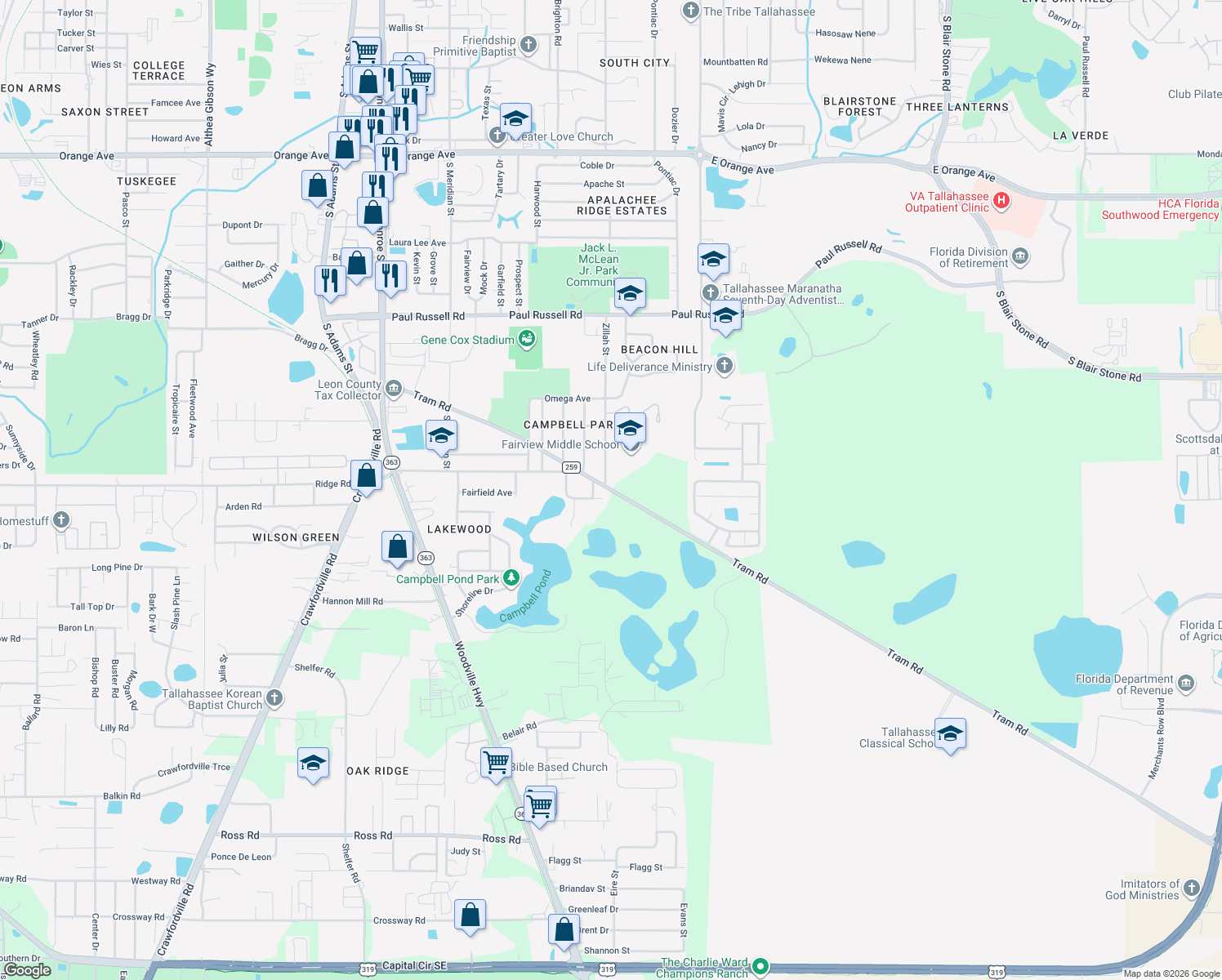 map of restaurants, bars, coffee shops, grocery stores, and more near 612 County Road 259 in Tallahassee