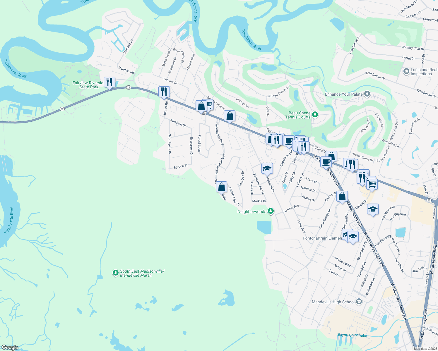 map of restaurants, bars, coffee shops, grocery stores, and more near 521 Woodridge Blvd in Mandeville